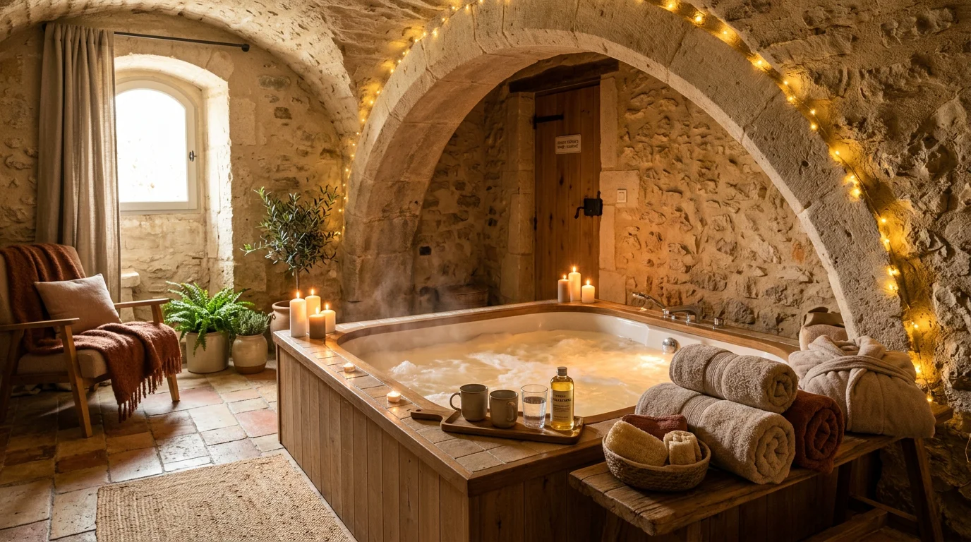 Jacuzzi privatif sous des voûtes en pierre dans une ambiance romantique tamisée