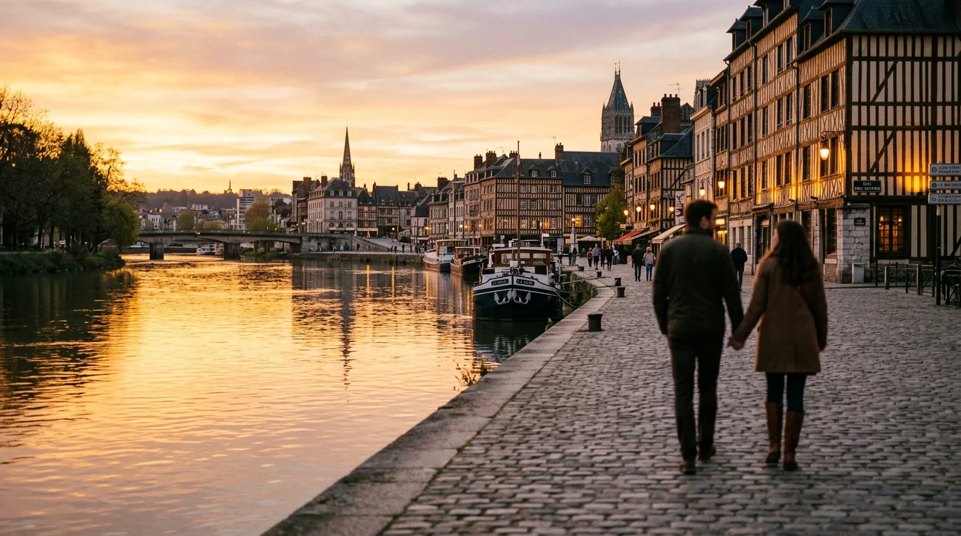 Couple se promenant sur les quais de Seine à Rouen au coucher du soleil