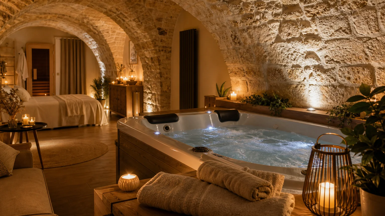 Jacuzzi privatif installé sous des voûtes en pierre dans une suite romantique à Rouen