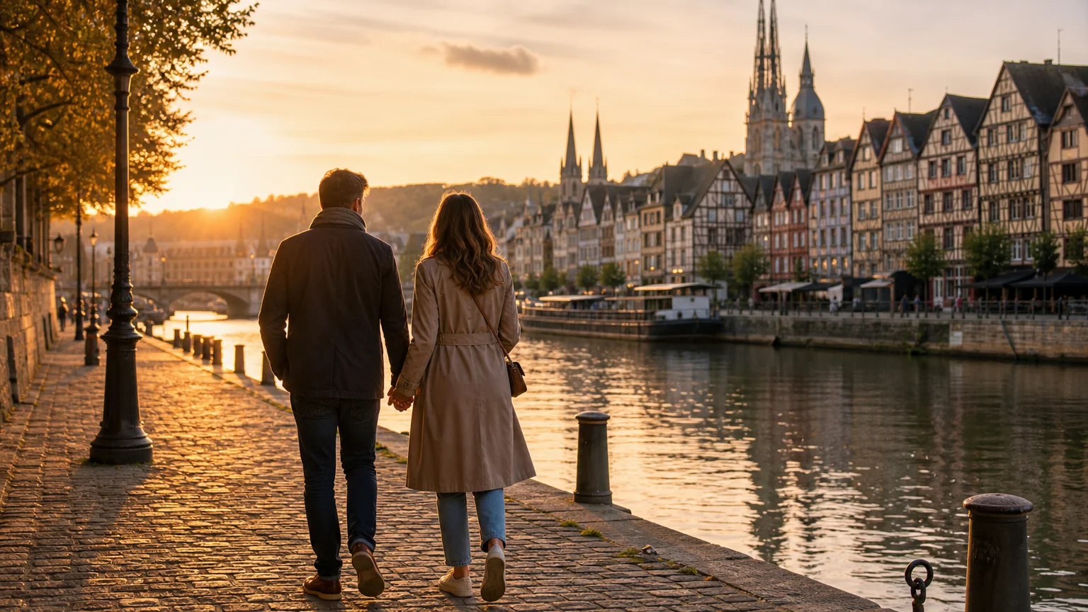 Couple se promenant sur les quais de Seine à Rouen au coucher du soleil