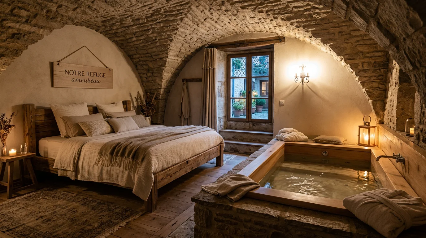 Intérieur d'une love room avec jacuzzi privatif sous voûtes en pierre