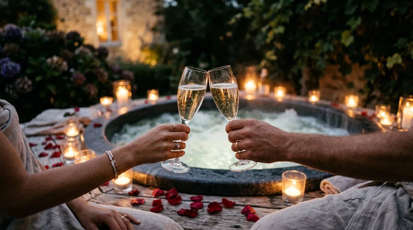 Ambiance romantique près d'un jacuzzi privatif avec champagne et pétales de roses