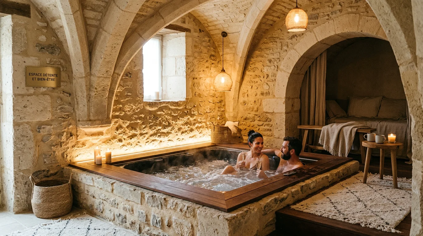 Jacuzzi privatif sous des voûtes en pierre dans une love room à Rouen