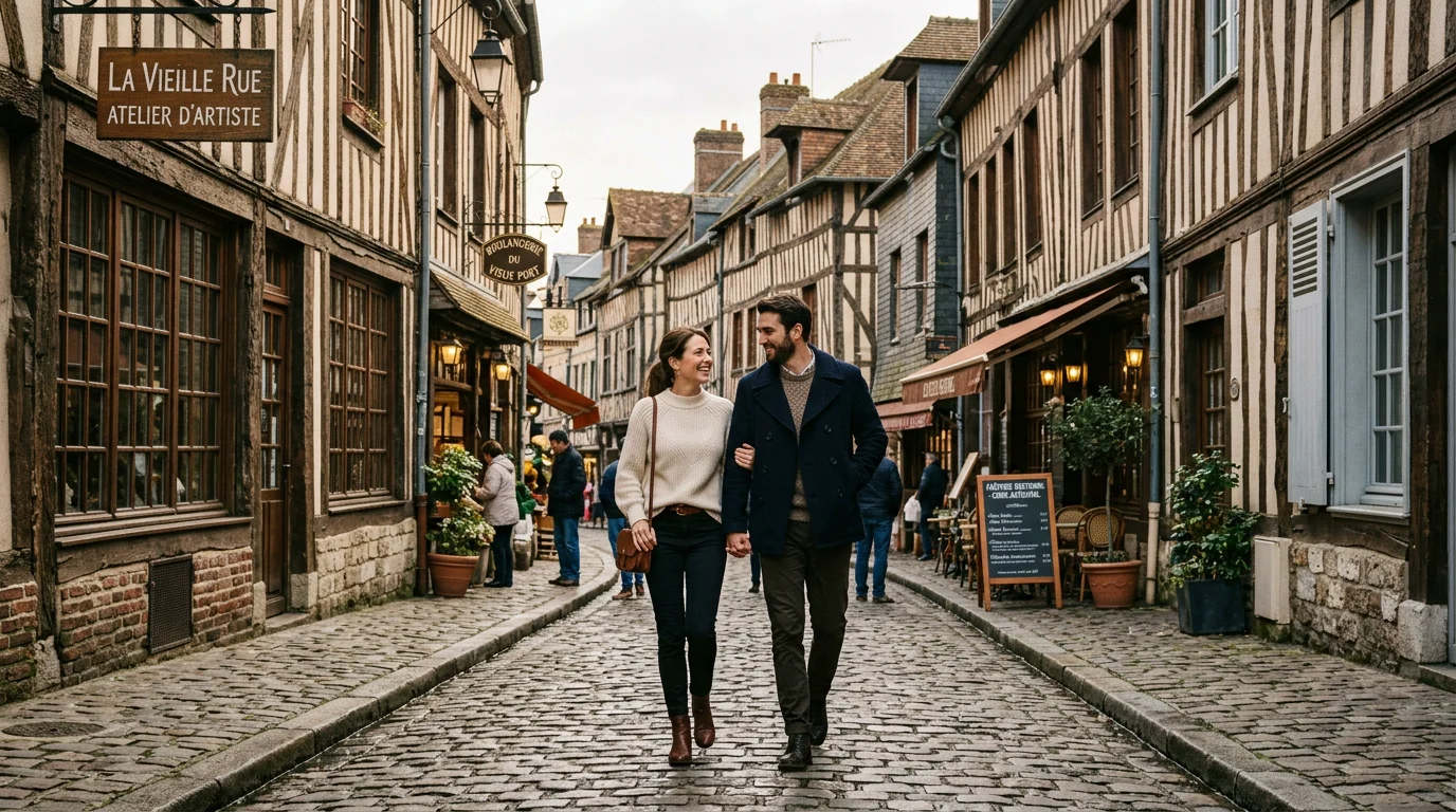 Couple se promenant dans une rue médiévale à colombages à Rouen