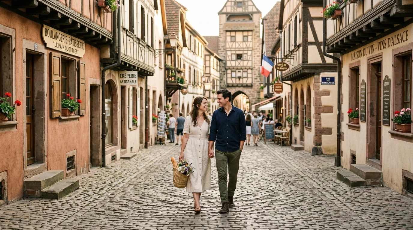 Couple se promenant dans les ruelles pavées et à colombages du centre historique de Rouen