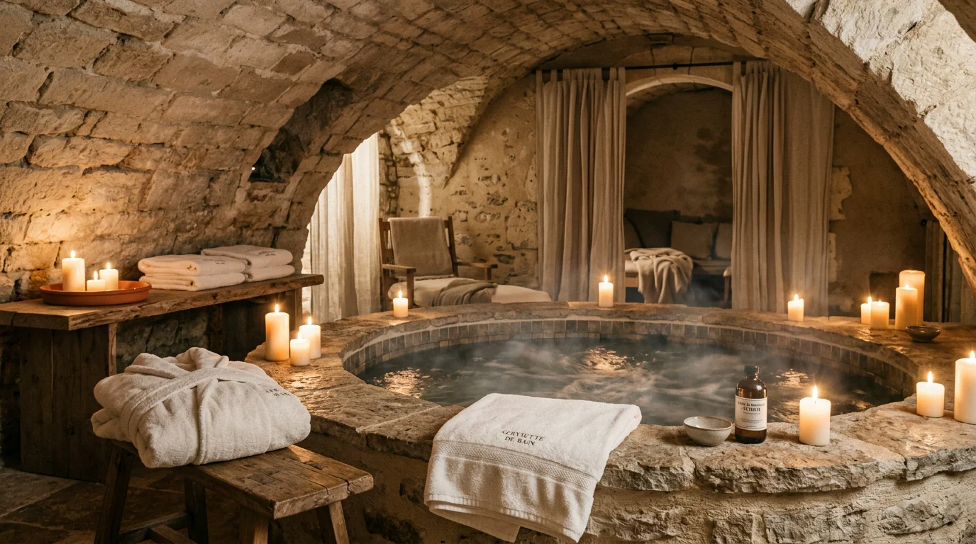 Jacuzzi privatif sous voûtes en pierre dans une ambiance tamisée et romantique