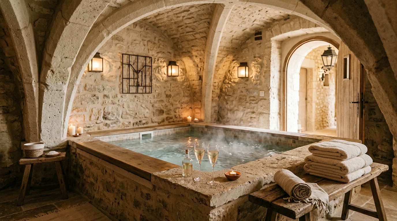 Jacuzzi privatif dans une pièce aux voûtes en pierre à l'ambiance tamisée