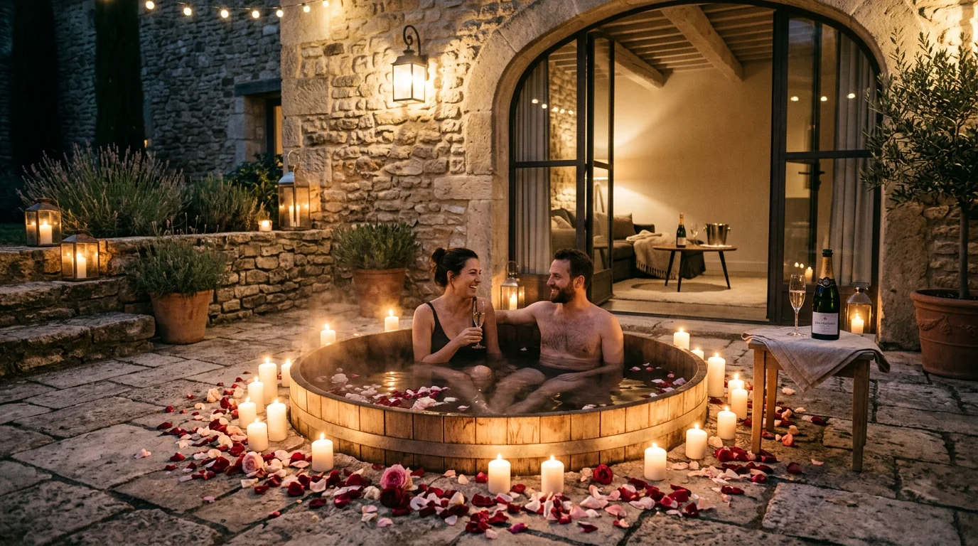 Ambiance romantique du soir autour d'un jacuzzi privatif avec bougies