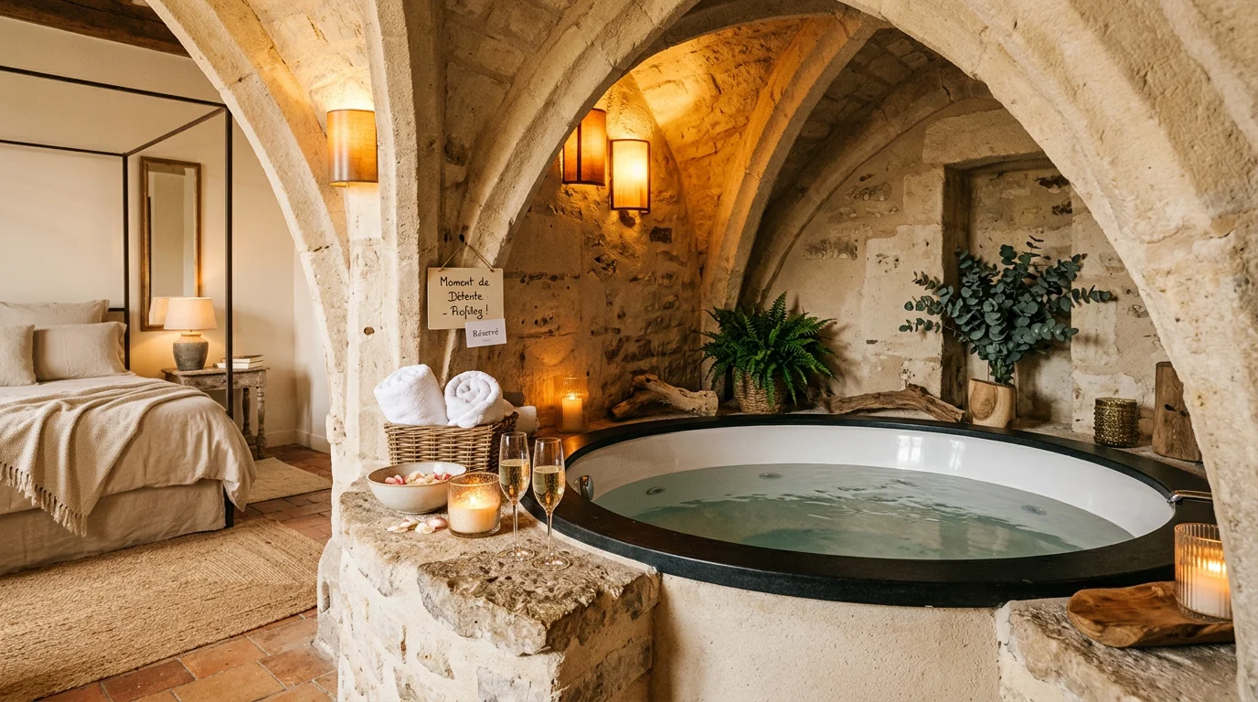 Jacuzzi privatif sous des voûtes en pierre dans une love room à Rouen