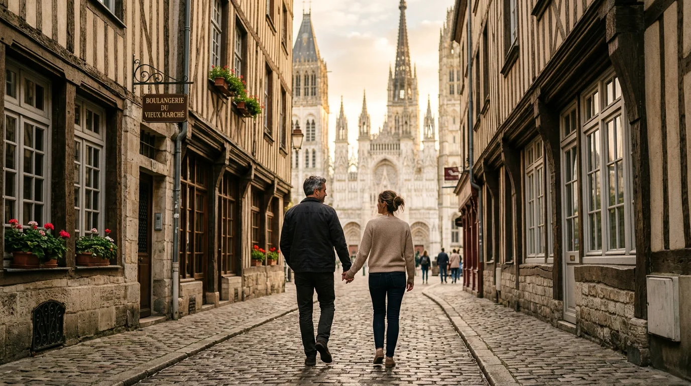 Couple se promenant dans une ruelle à colombages du centre de Rouen