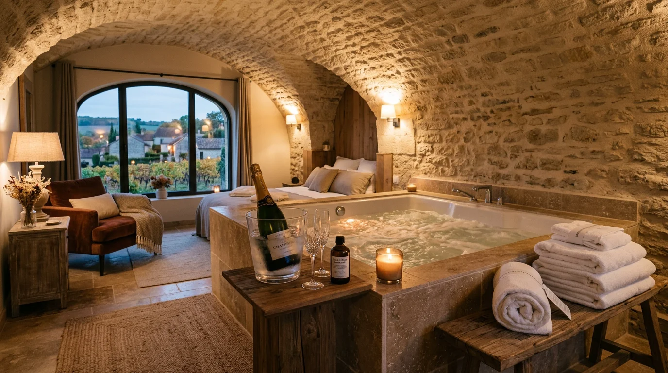 Chambre avec jacuzzi privatif sous voûtes en pierre à l'ambiance tamisée