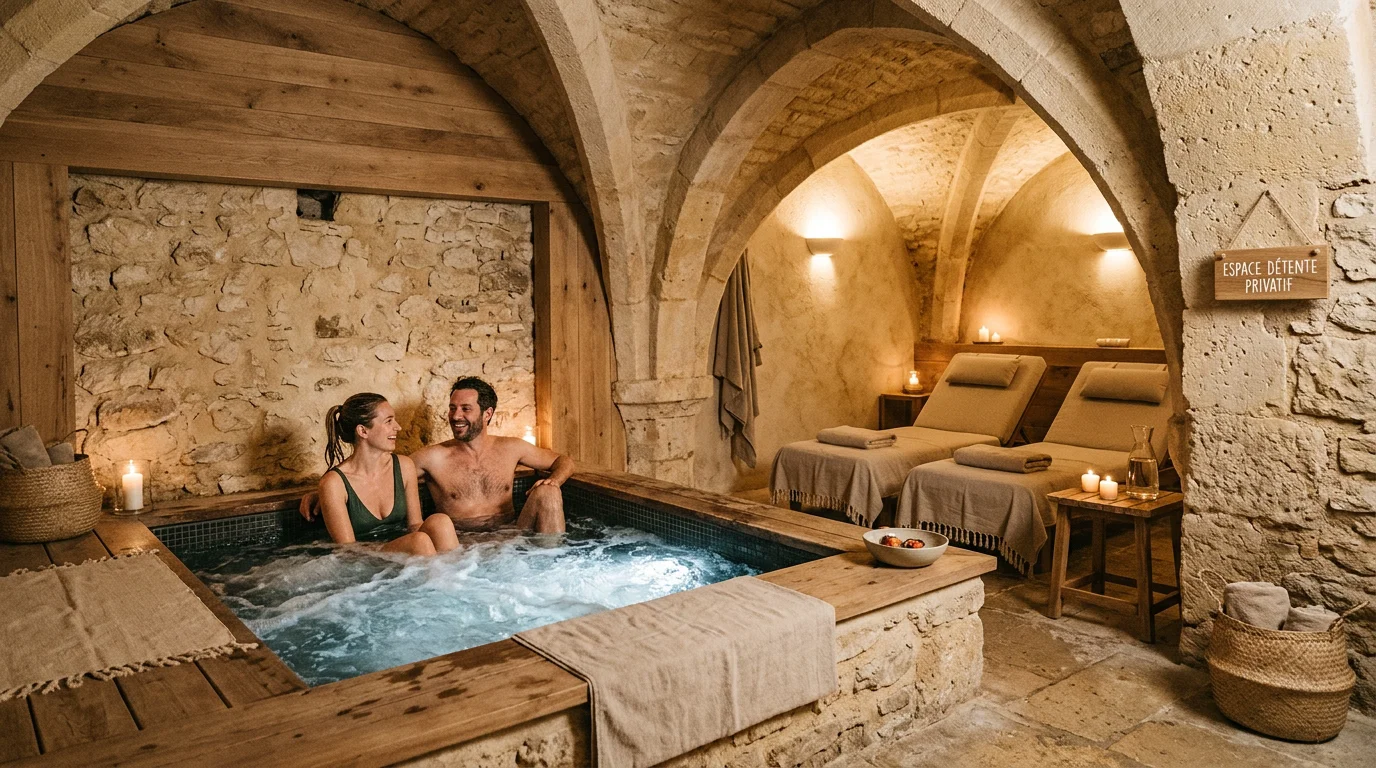 Jacuzzi privatif dans un espace bien-être sous voûtes en pierre à Rouen