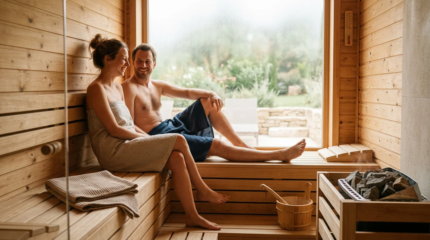 Couple profitant d'un sauna privatif lors d'un séjour bien-être à Rouen