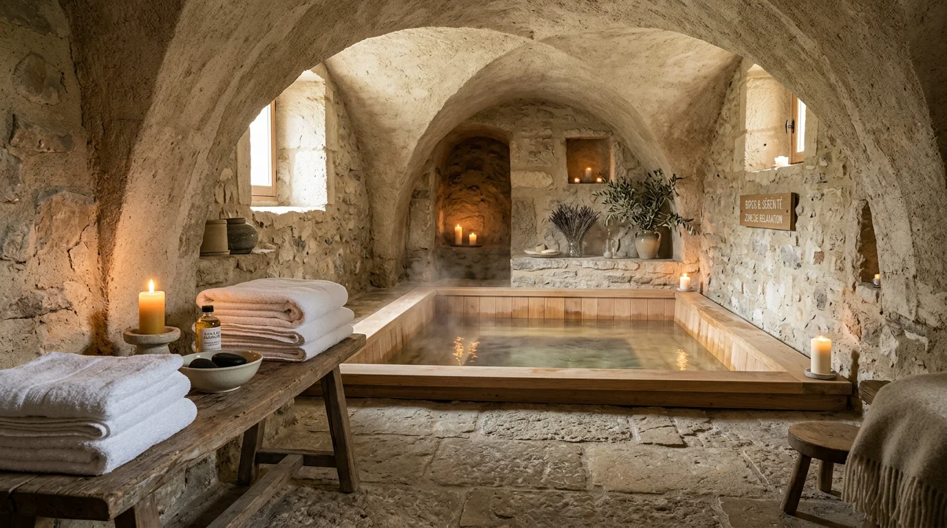 Espace spa privatif avec jacuzzi sous des voûtes en pierre à Rouen